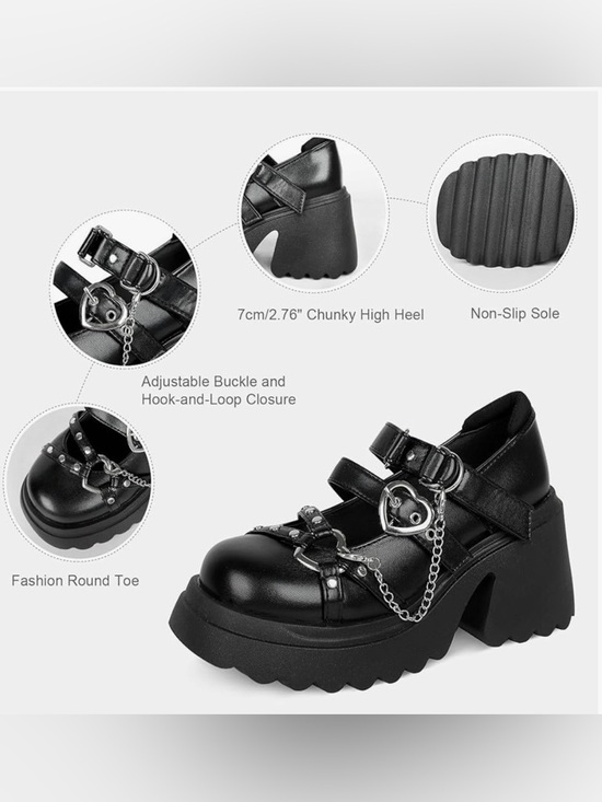 Parisuit Women’s Goth Platform Black Mary Janes with Chains & Heart Accent Sz 7 - Picture 2 of 9
